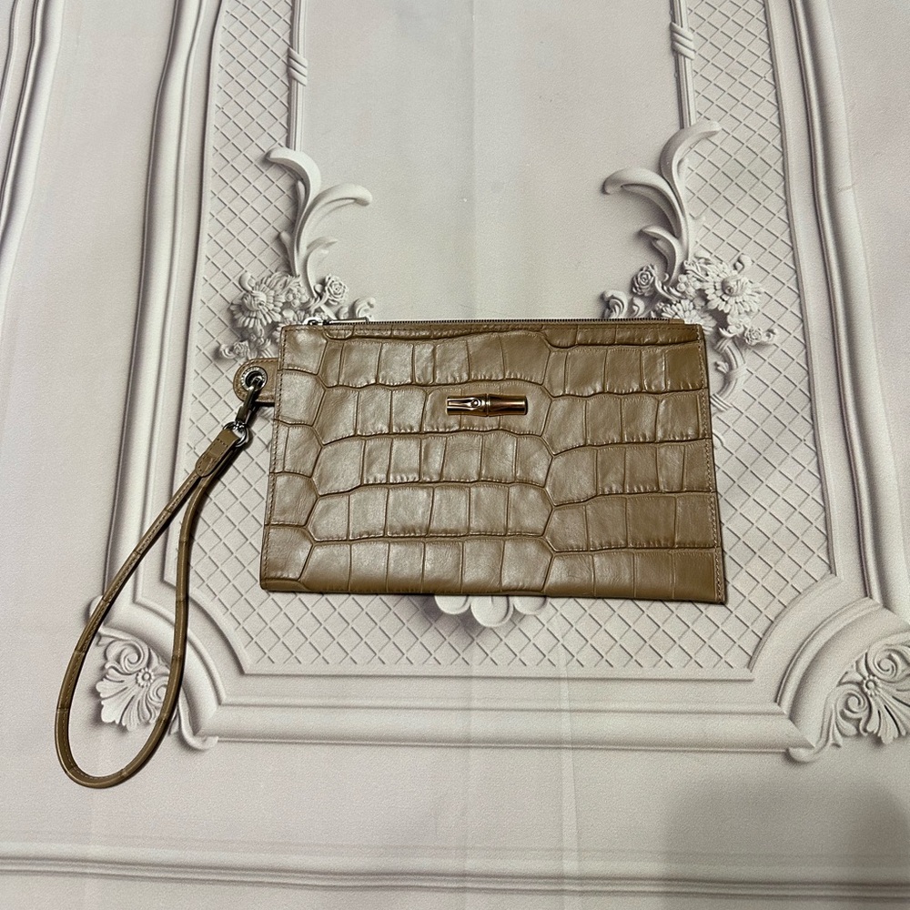 Longchamp Le Roseau Croc Embossed Wristlet Clutch Wrist Strap